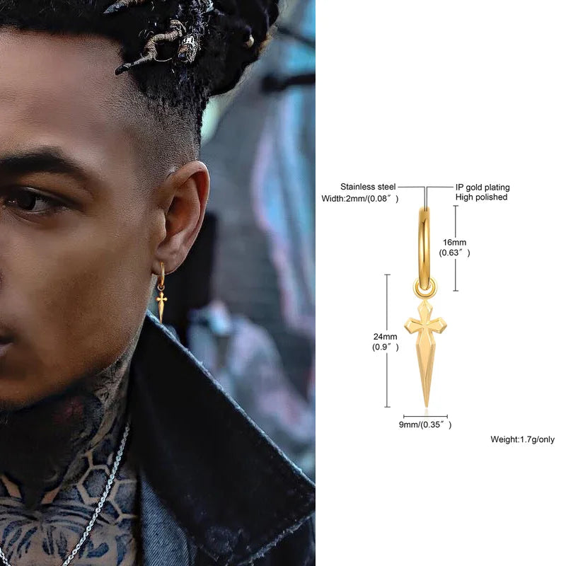 Men’s Sword Cross Huggie Hoop Earrings