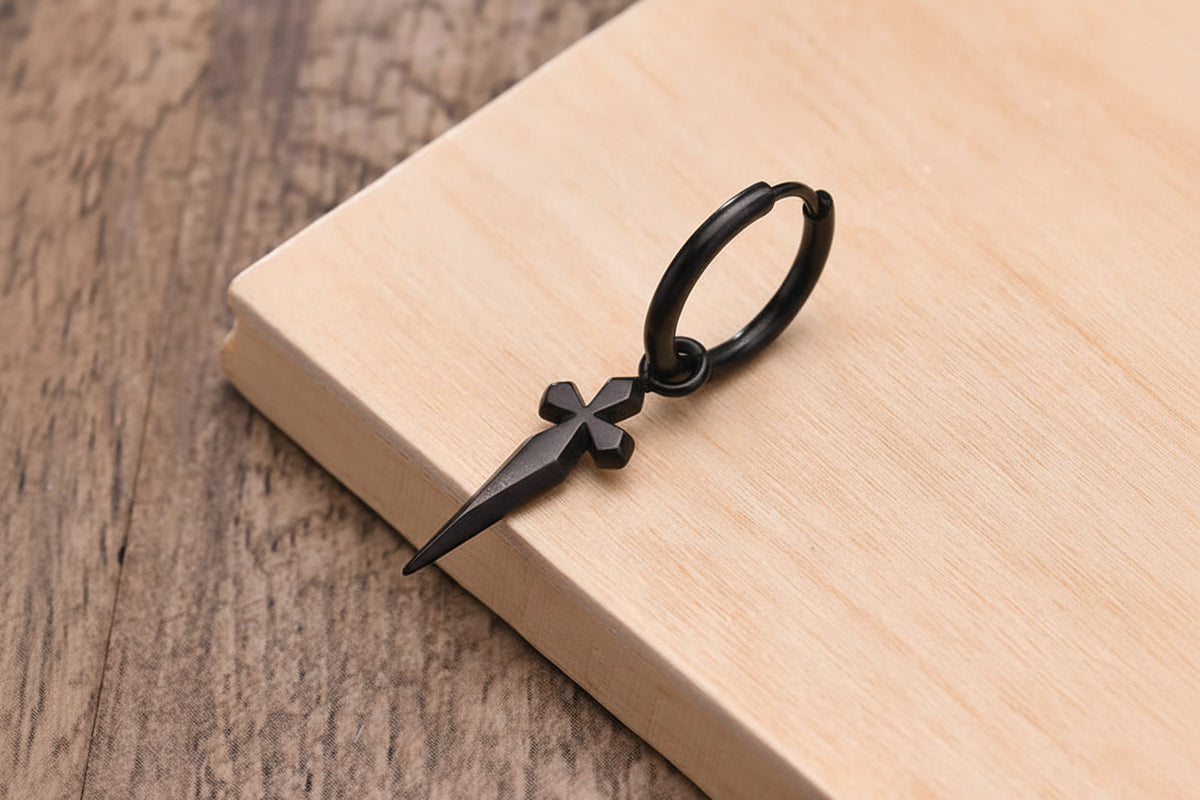 Men’s Sword Cross Huggie Hoop Earrings