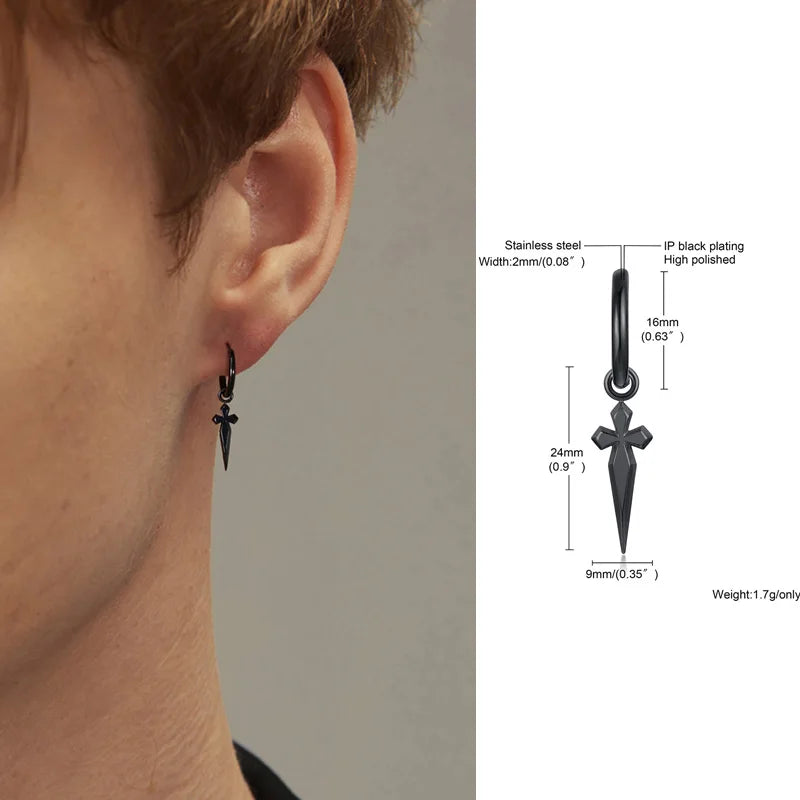 Men’s Sword Cross Huggie Hoop Earrings