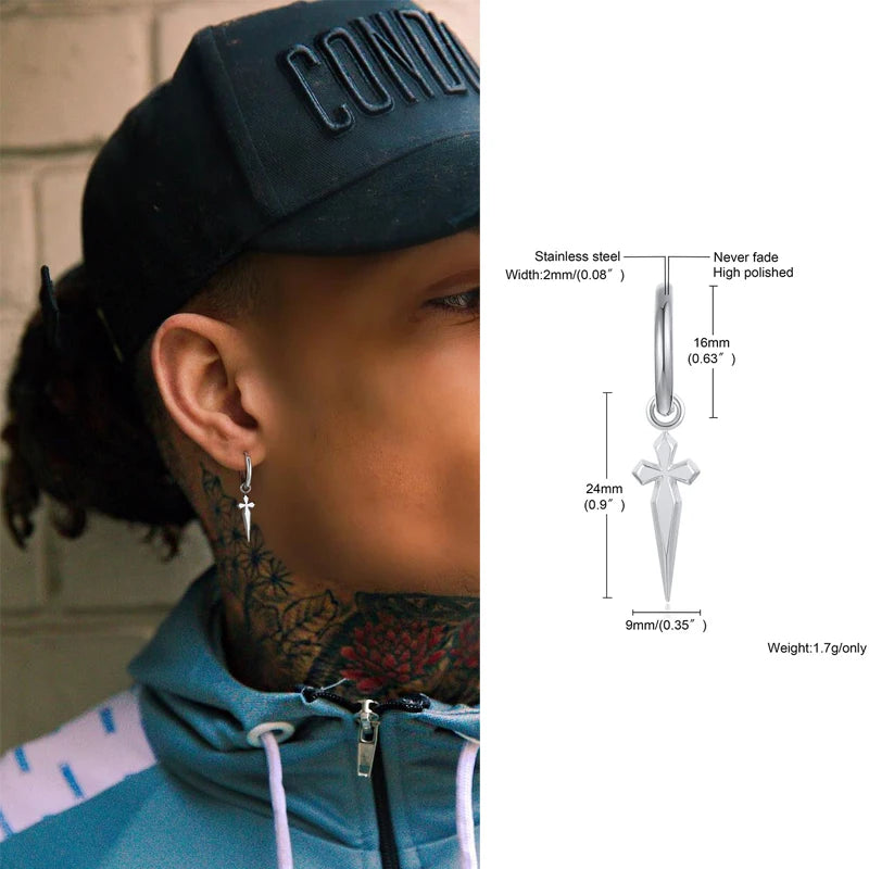 Men’s Sword Cross Huggie Hoop Earrings