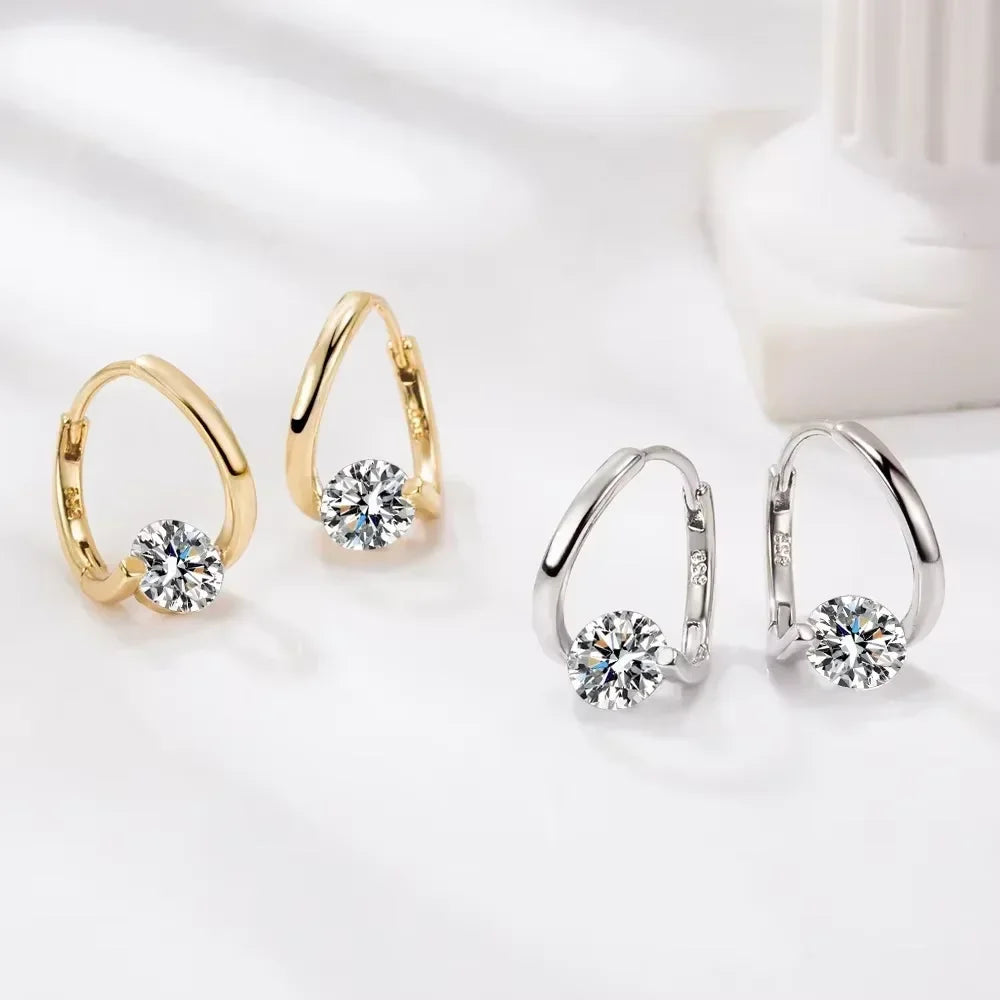 925 Sterling Silver Zircon Crystal Stud Earrings — Simple Geometric Design