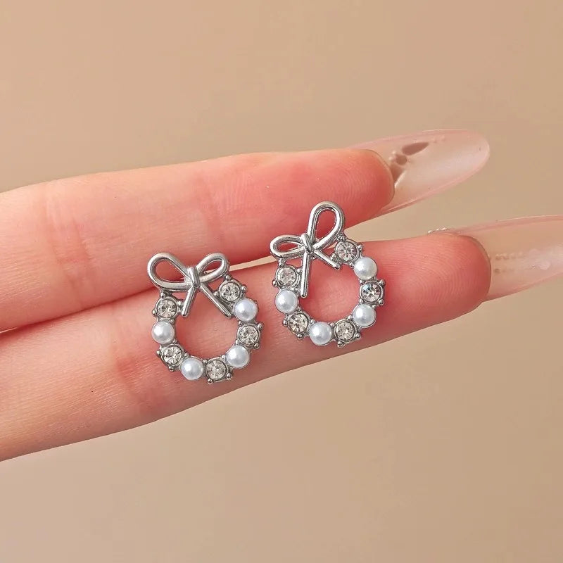 Bow Knot Pearl Stud Earrings — Rhinestone Accent