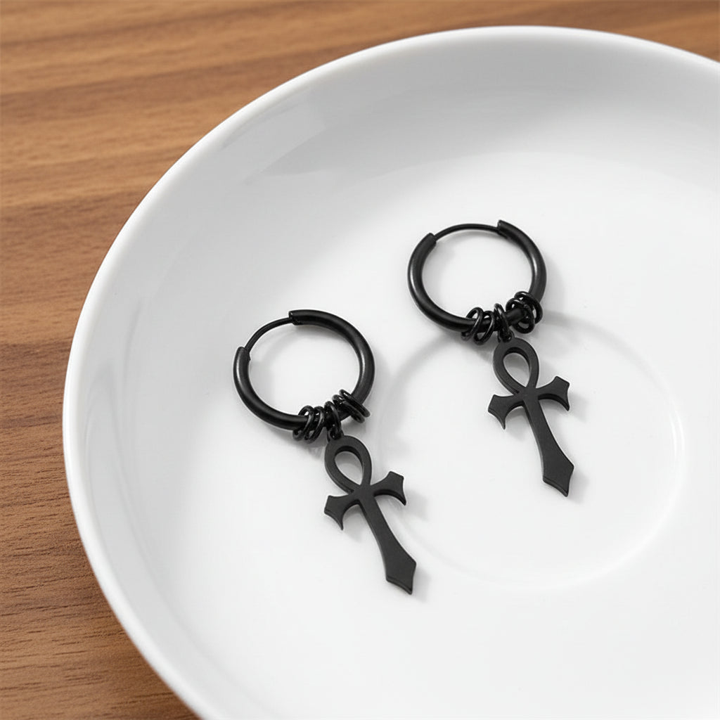 Unisex Egyptian Ankh Hoop Dangle Earrings
