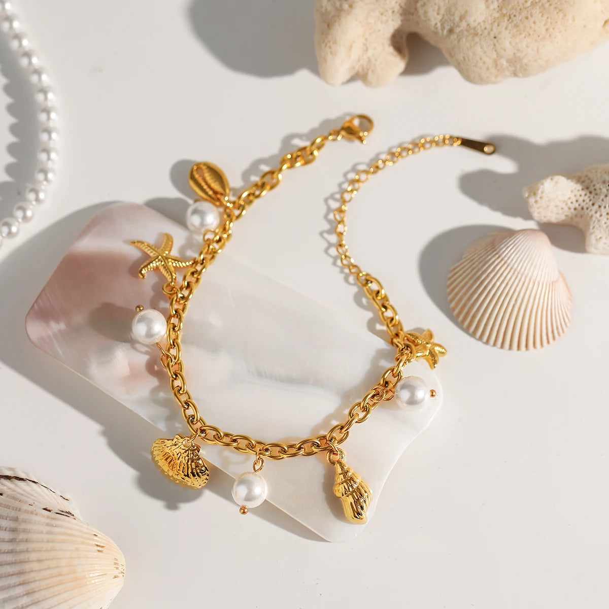 Ocean Shell Pearl Drop Chain Bracelet