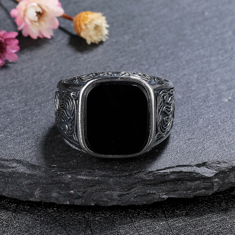 Black Agate Vintage Silver Men’s Ring