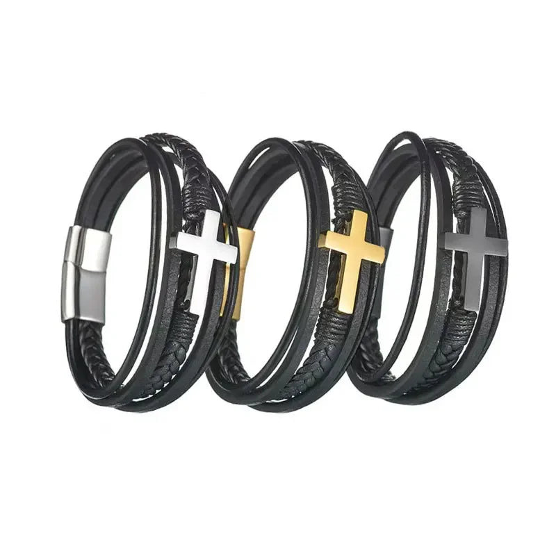 Men's Multilayer Leather Cross Bracelet