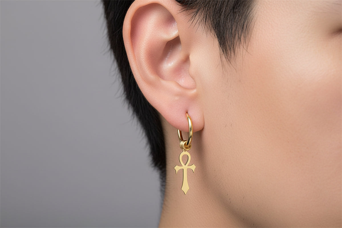 Unisex Egyptian Ankh Hoop Dangle Earrings