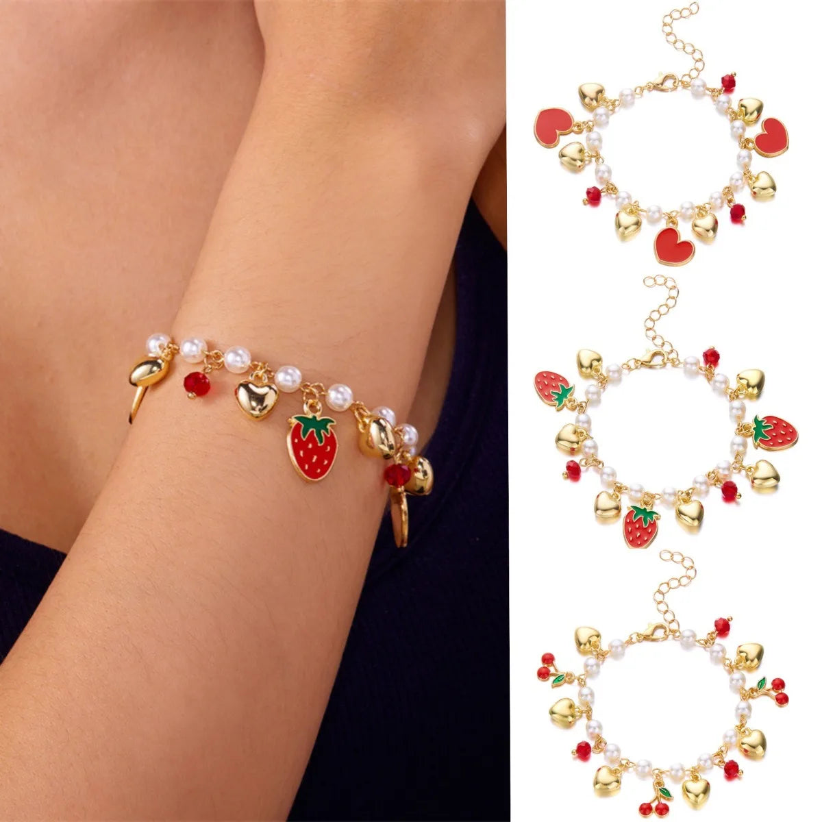 Cherry Strawberry Heart Pearl Bracelet
