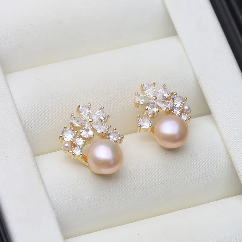 Natural Freshwater Pearl Flower Earrings — White/Pink/Black