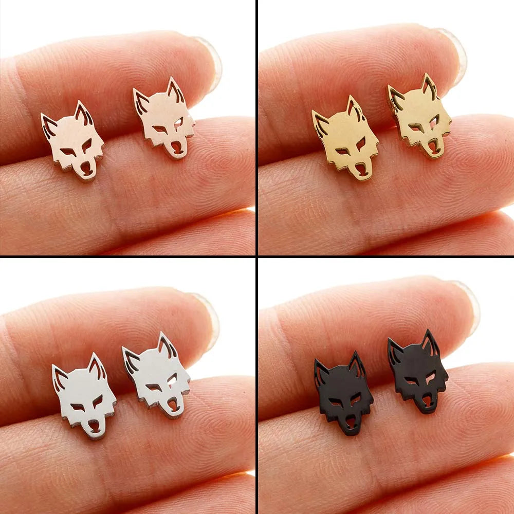 Stainless Steel Wolf Head Stud Earrings (Unisex)