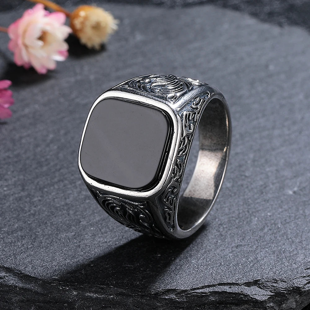 Black Agate Vintage Silver Men’s Ring