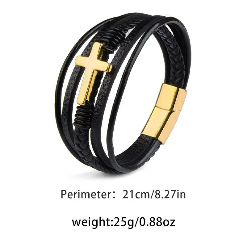 Men's Multilayer Leather Cross Bracelet