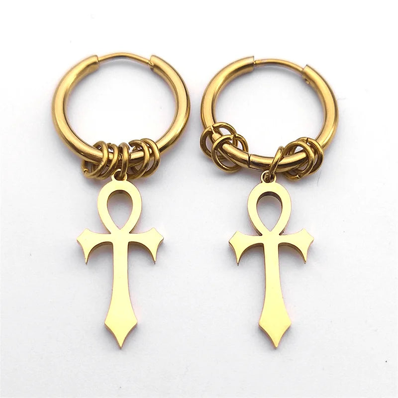 Unisex Egyptian Ankh Hoop Dangle Earrings