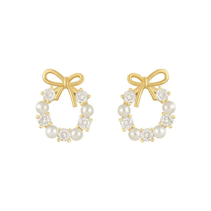 Bow Knot Pearl Stud Earrings — Rhinestone Accent
