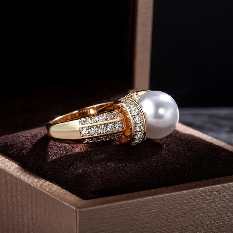 Romantic Pearl & CZ Gold Color Ring
