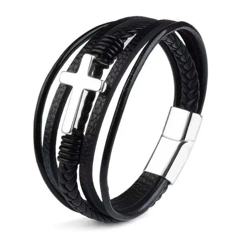 Men's Multilayer Leather Cross Bracelet