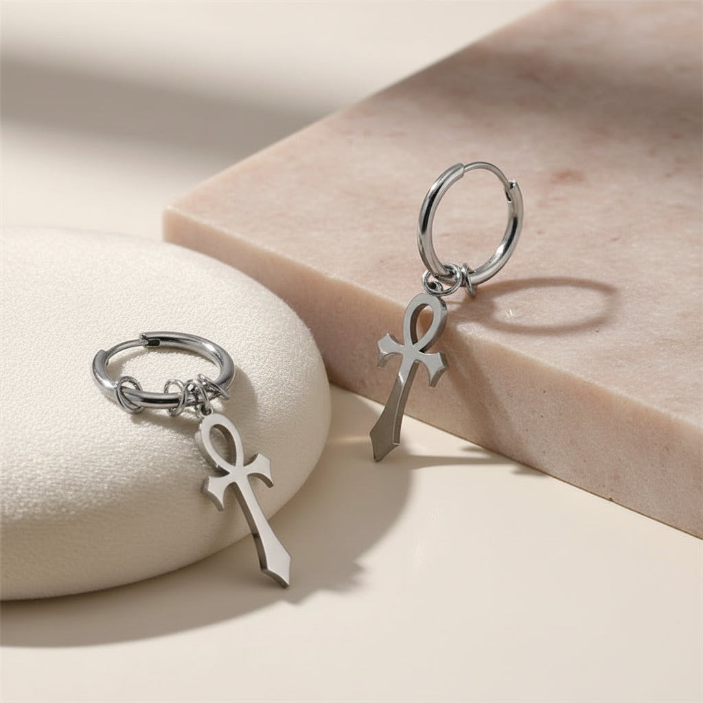 Unisex Egyptian Ankh Hoop Dangle Earrings