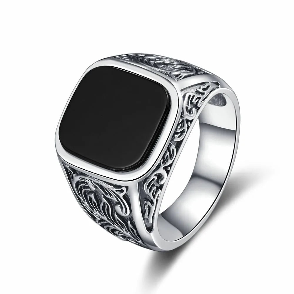 Black Agate Vintage Silver Men’s Ring