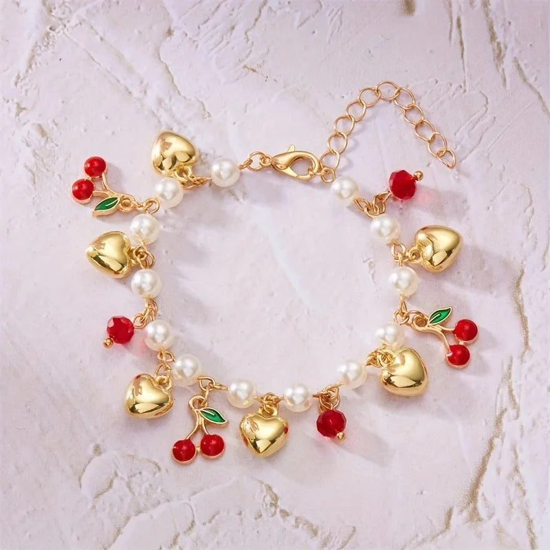 Cherry Strawberry Heart Pearl Bracelet