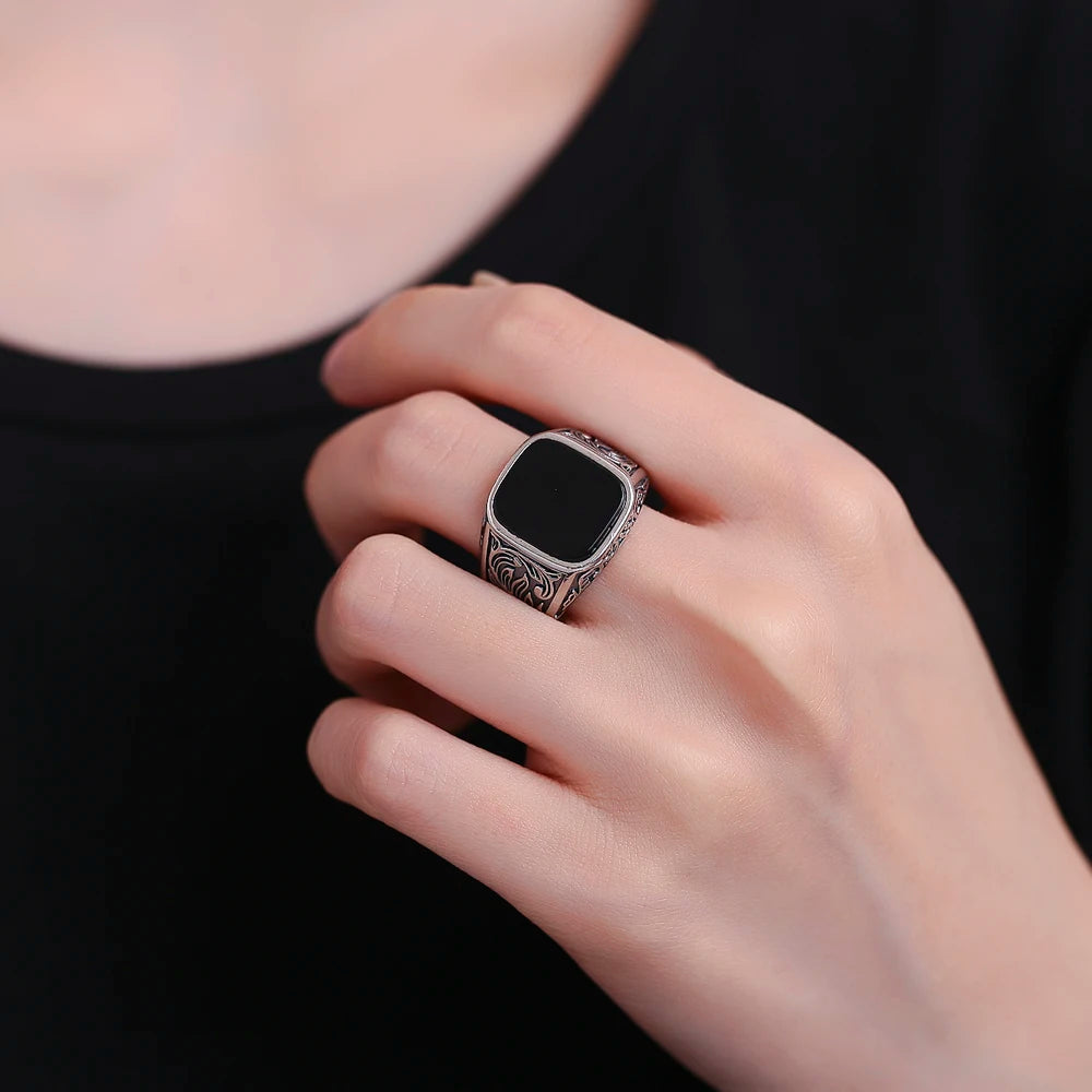 Black Agate Vintage Silver Men’s Ring
