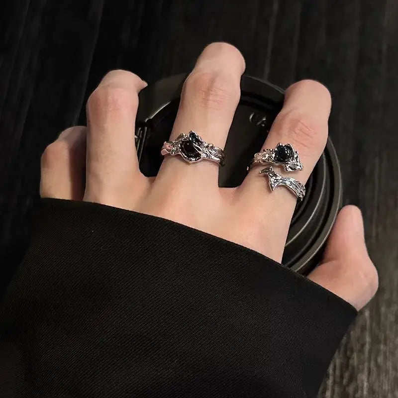 Black Irregular Punk Ring Set