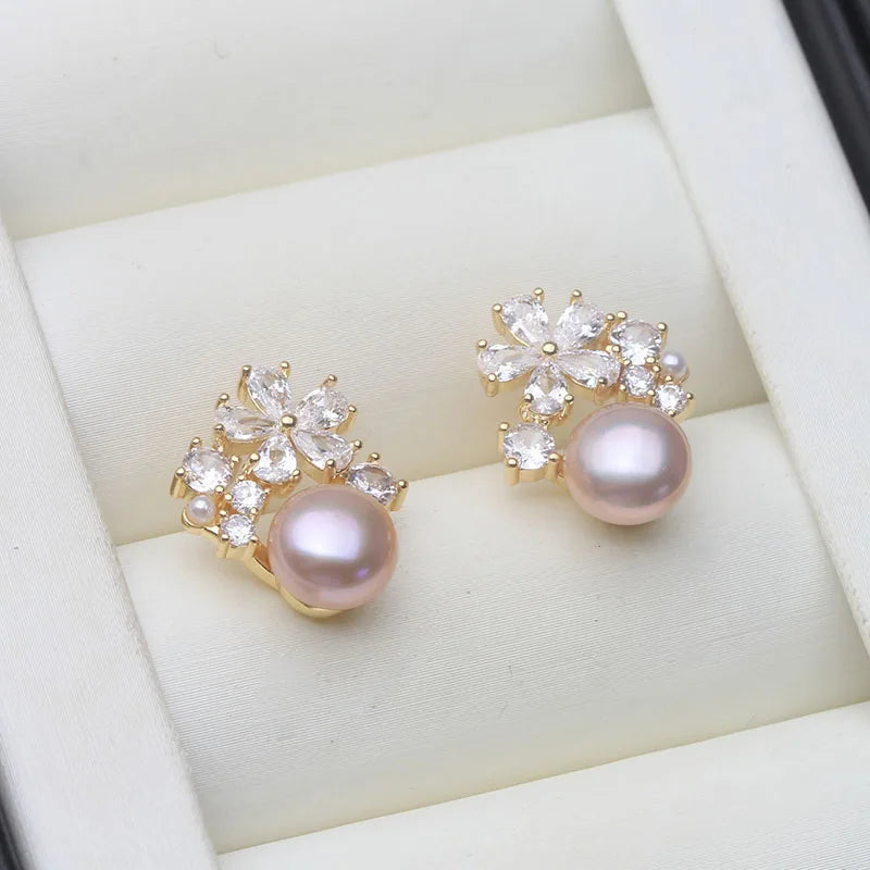 Natural Freshwater Pearl Flower Earrings — White/Pink/Black