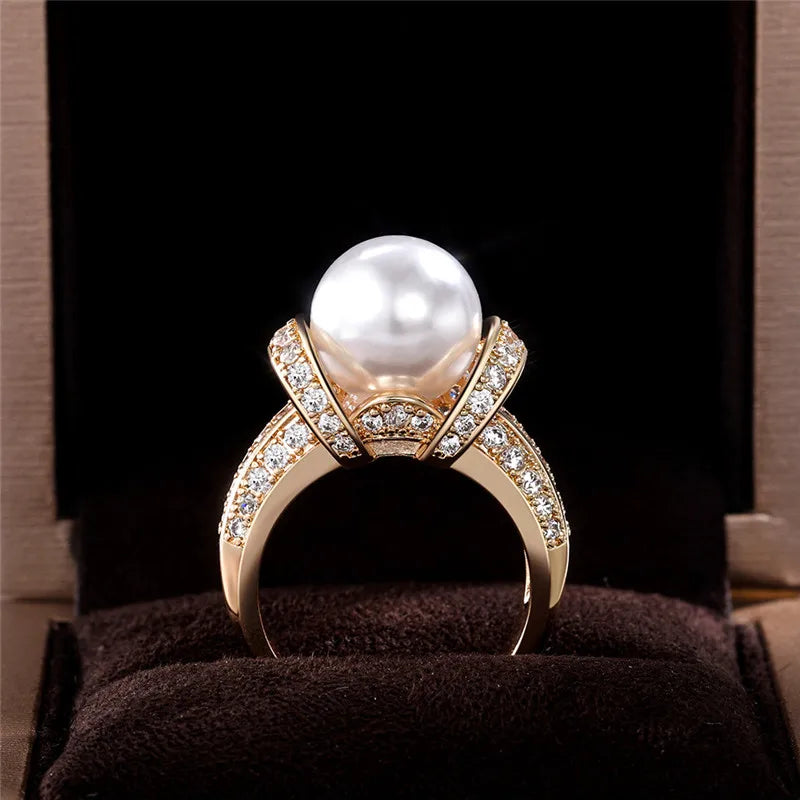 Romantic Pearl & CZ Gold Color Ring