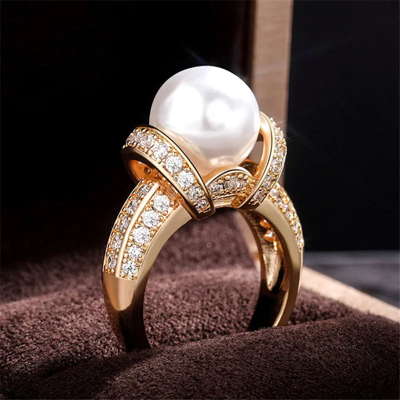 Romantic Pearl & CZ Gold Color Ring