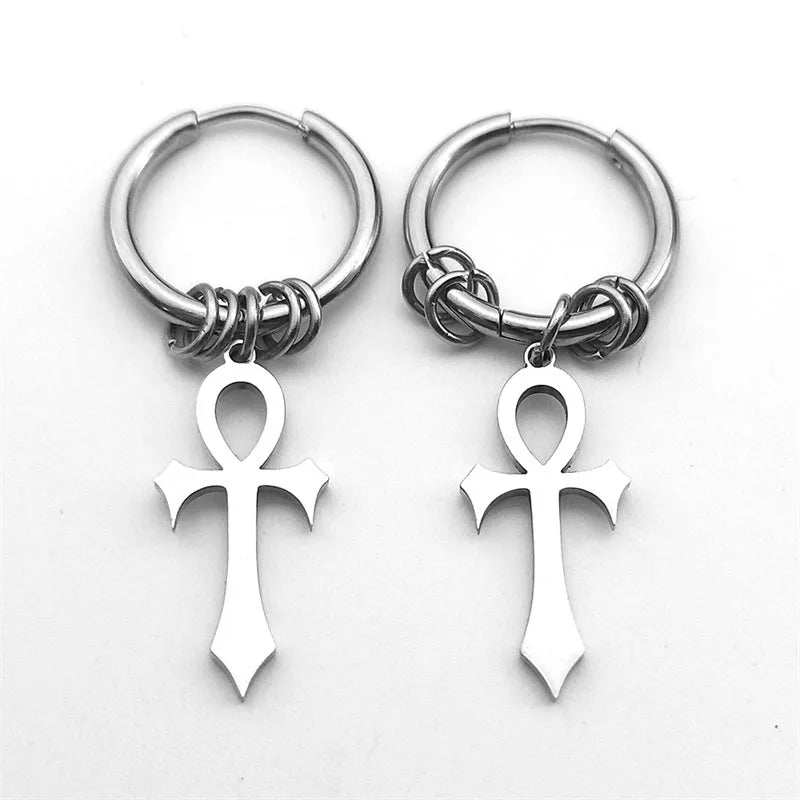 Unisex Egyptian Ankh Hoop Dangle Earrings