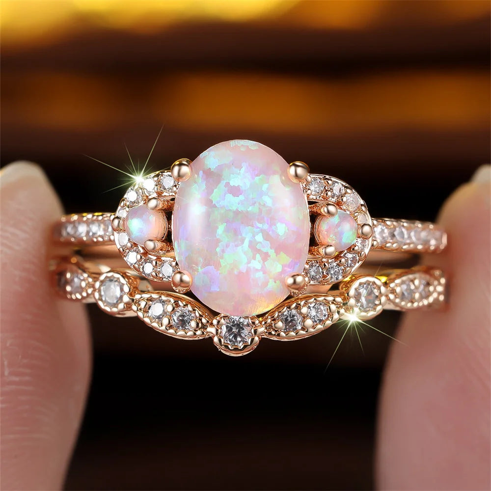 Vintage Gold Pink Opal Engagement Ring Set