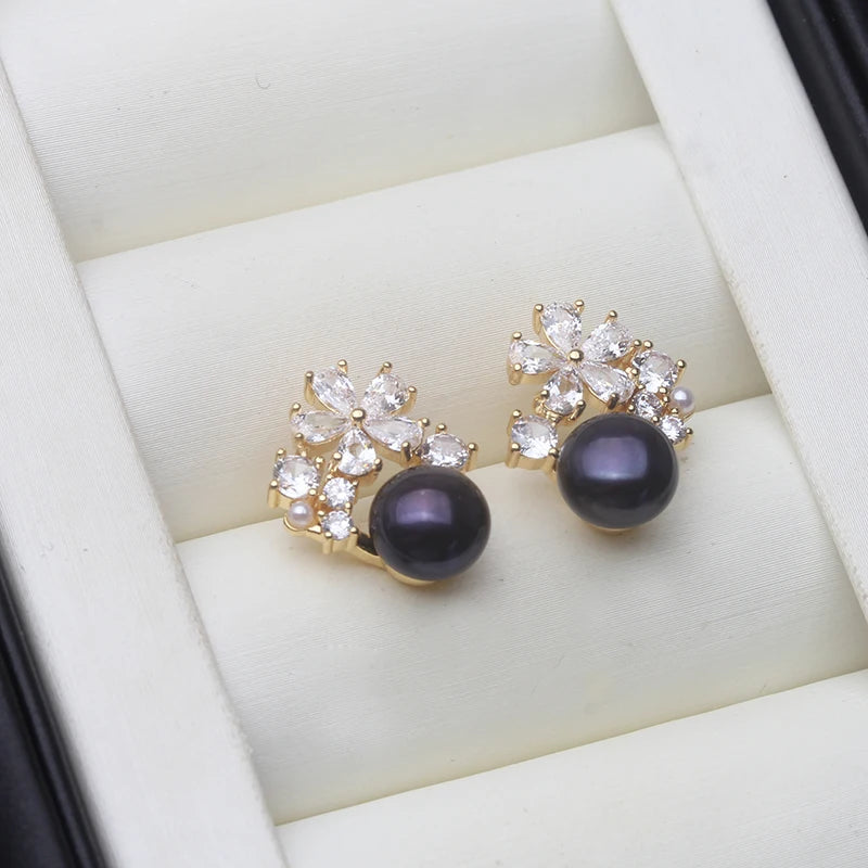 Natural Freshwater Pearl Flower Earrings — White/Pink/Black