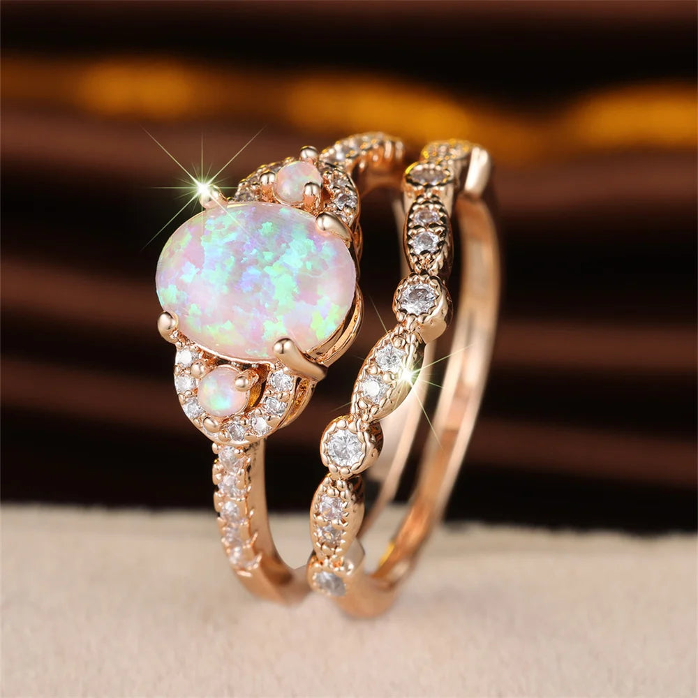 Vintage Gold Pink Opal Engagement Ring Set