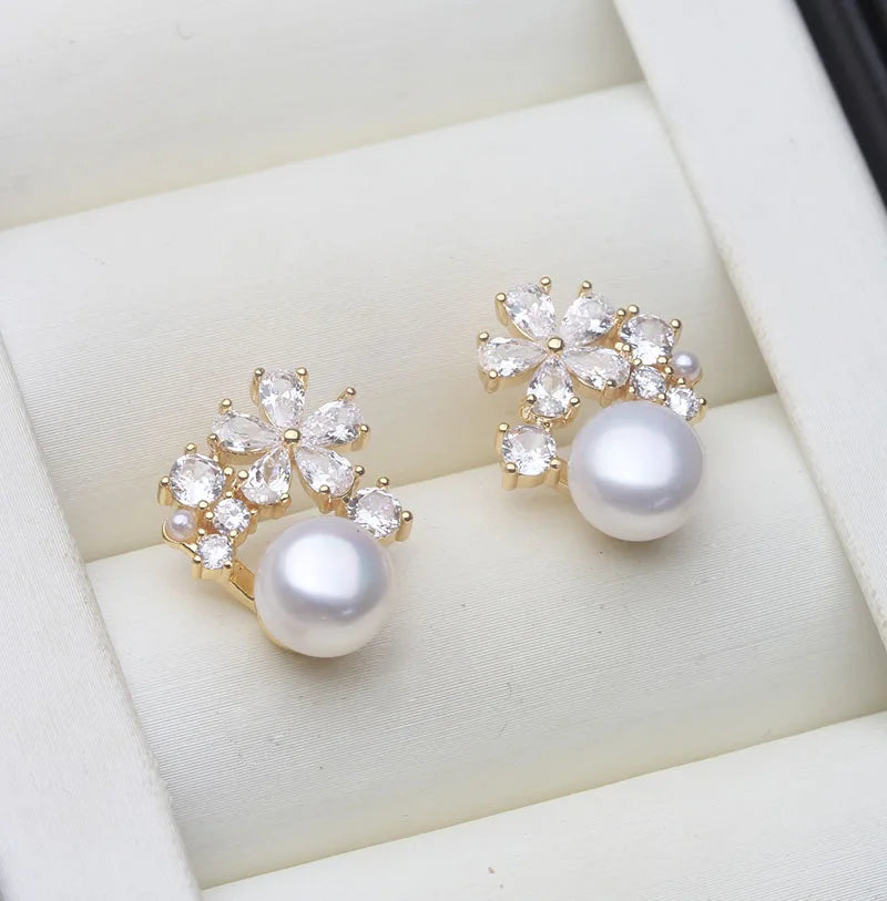 Natural Freshwater Pearl Flower Earrings — White/Pink/Black
