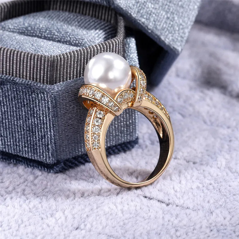 Romantic Pearl & CZ Gold Color Ring