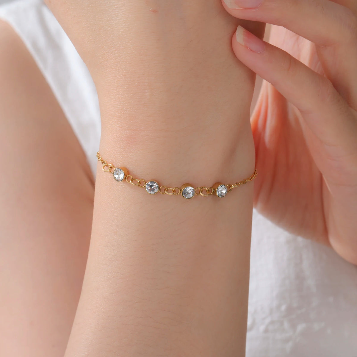 Gold Zircon Charm Stainless Steel Bracelet