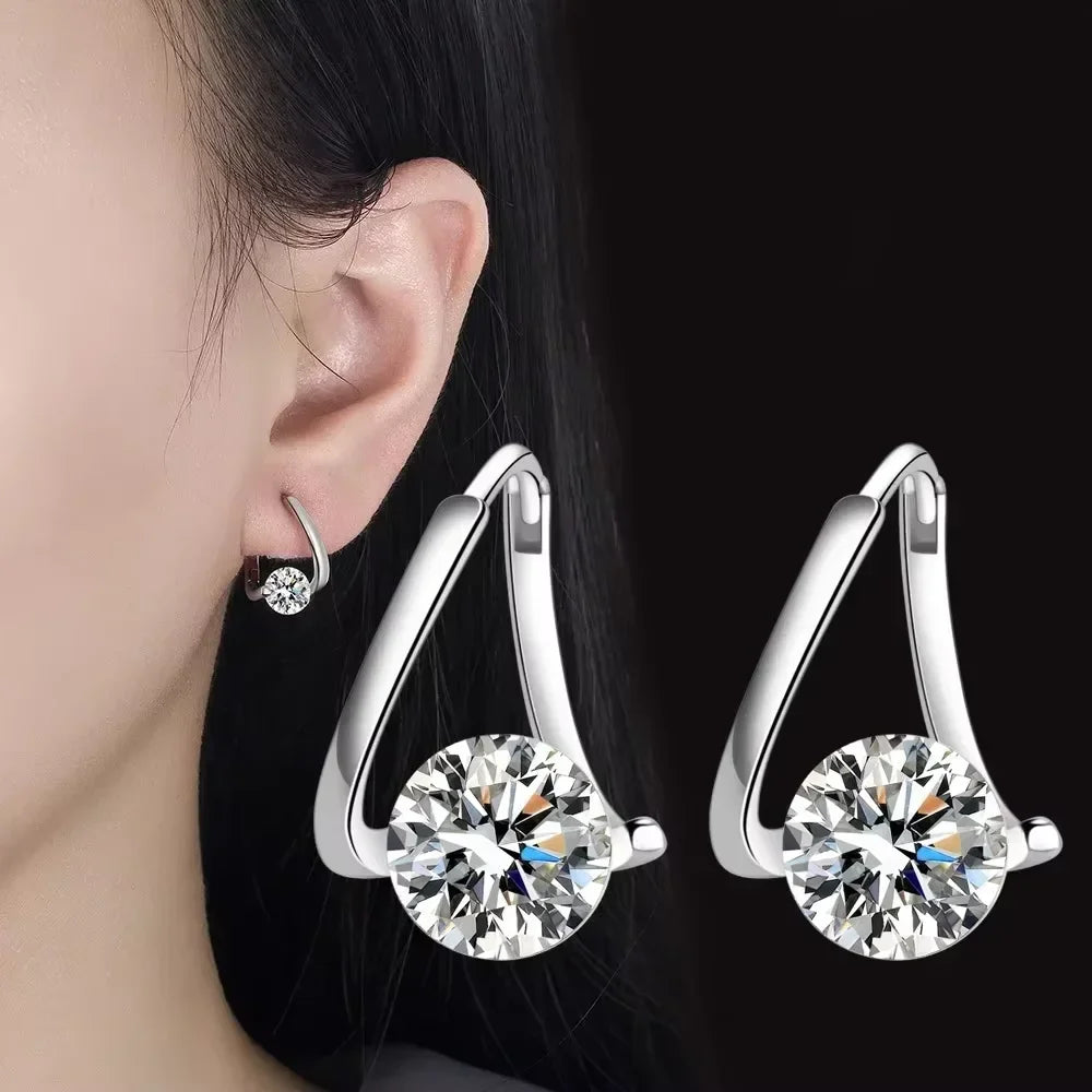 925 Sterling Silver Zircon Crystal Stud Earrings — Simple Geometric Design