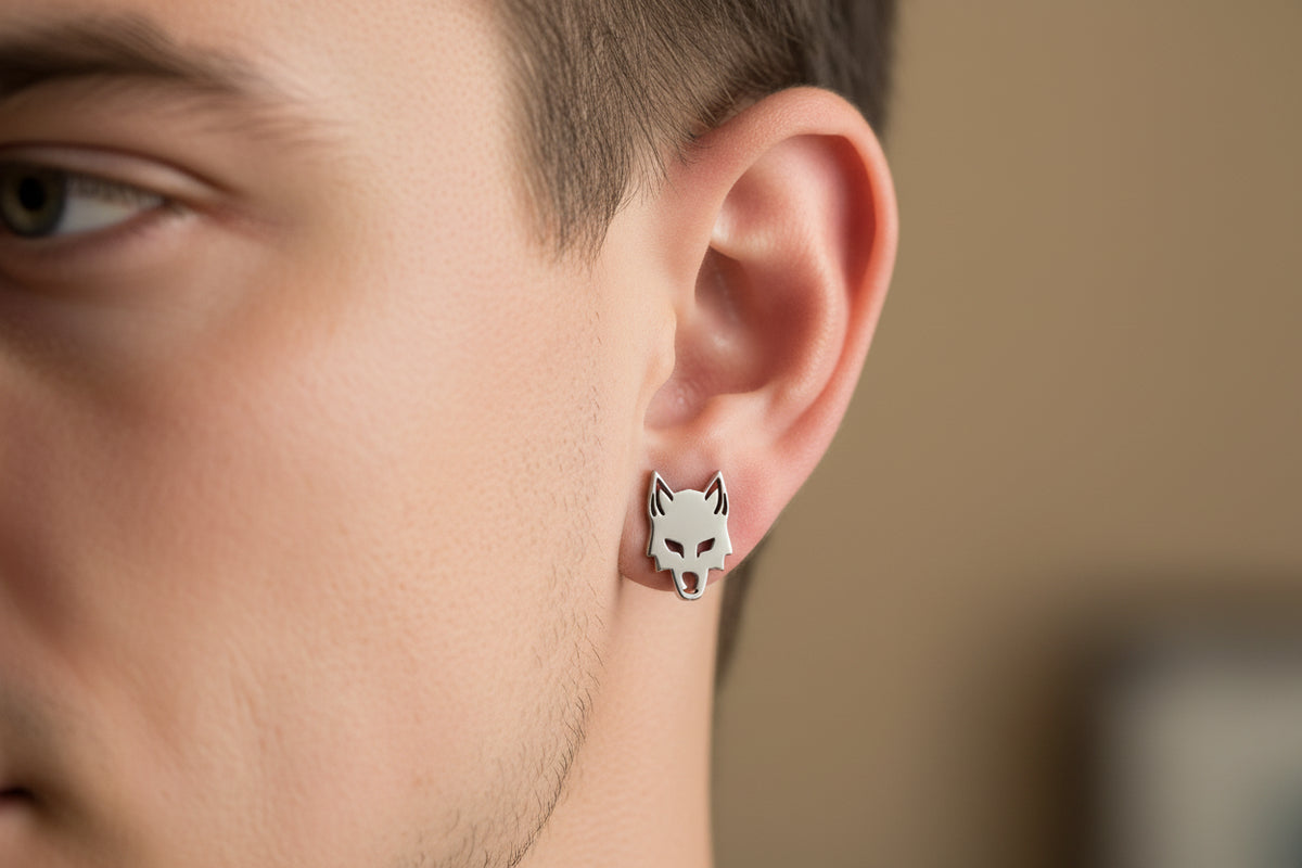 Stainless Steel Wolf Head Stud Earrings (Unisex)
