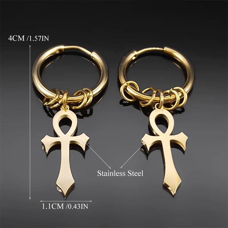 Unisex Egyptian Ankh Hoop Dangle Earrings