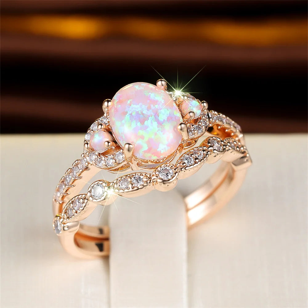 Vintage Gold Pink Opal Engagement Ring Set