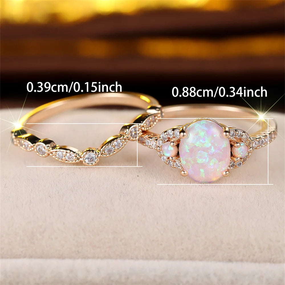 Vintage Gold Pink Opal Engagement Ring Set